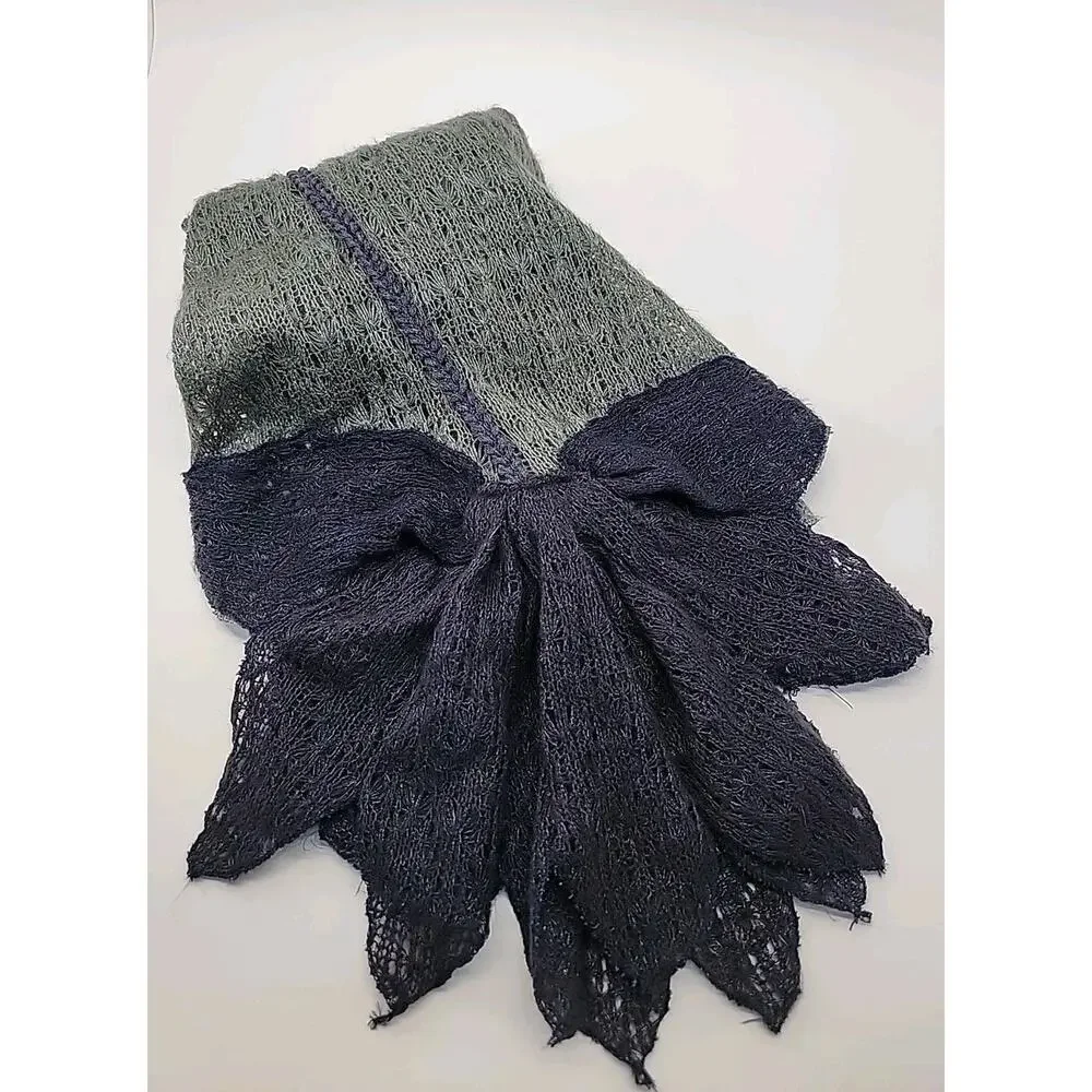 MADISON 88 Blue & Gray Fine Knit Scarf Wearable Art Flower Bow Soft Cottage Core